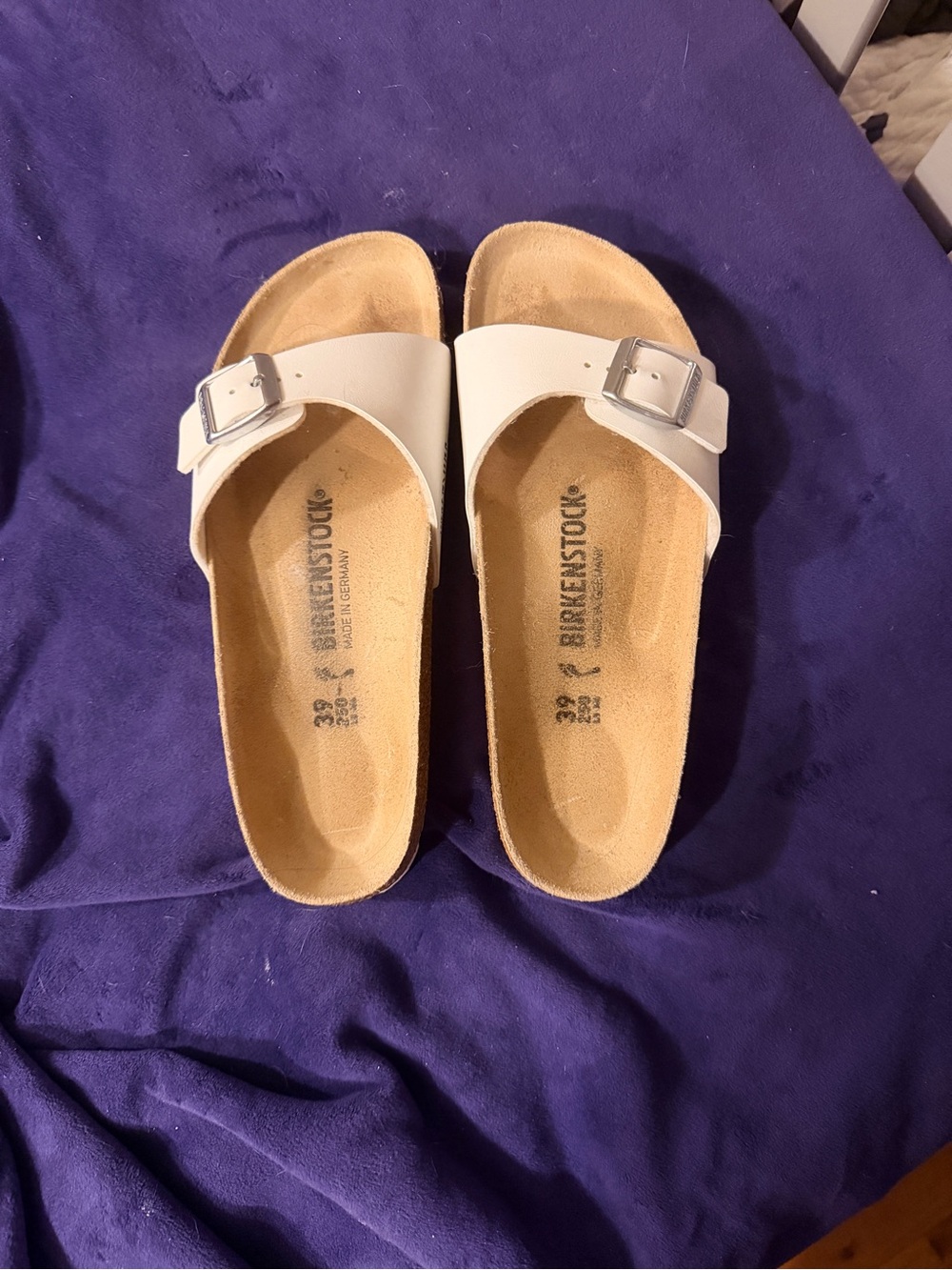 Birkenstock White Single-Strap Madrid Slide Sandals with Silver Buckles